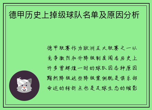 德甲历史上掉级球队名单及原因分析
